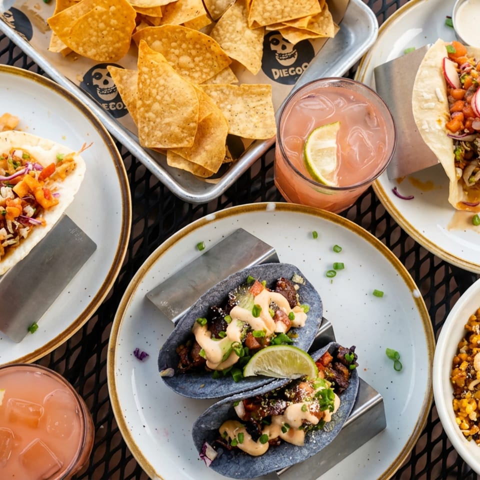 Overhead view of assorted tacos, tortilla chips, corn salad, dipping sauces, and pink lime drinks on a restaurant table.