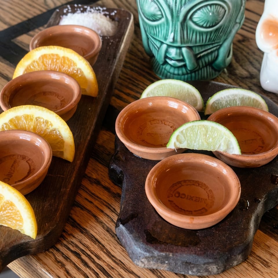 Terracotta shot glasses with orange and lime wedges sit on wooden serving boards beside colorful tiki mugs.